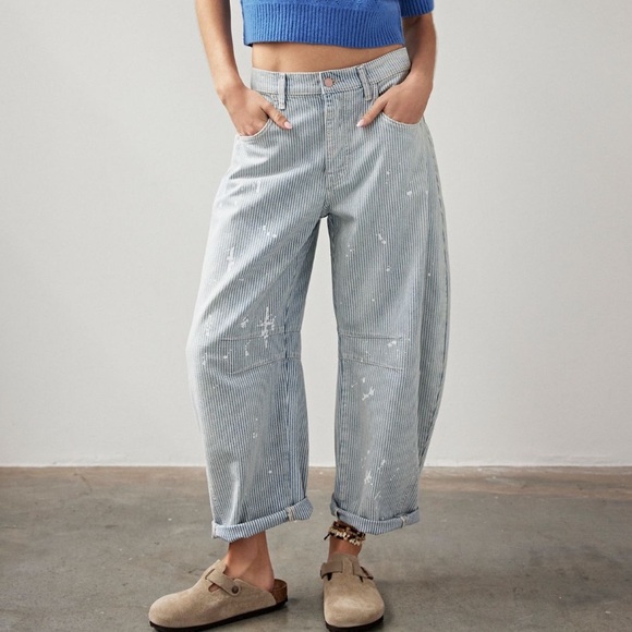 NWT Free people good luck mid rise stripe barrel jeans - Picture 4 of 7